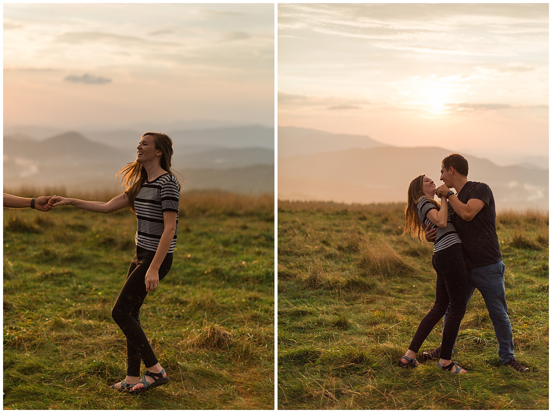 Husband and Wife dancing during sunset on mountain top